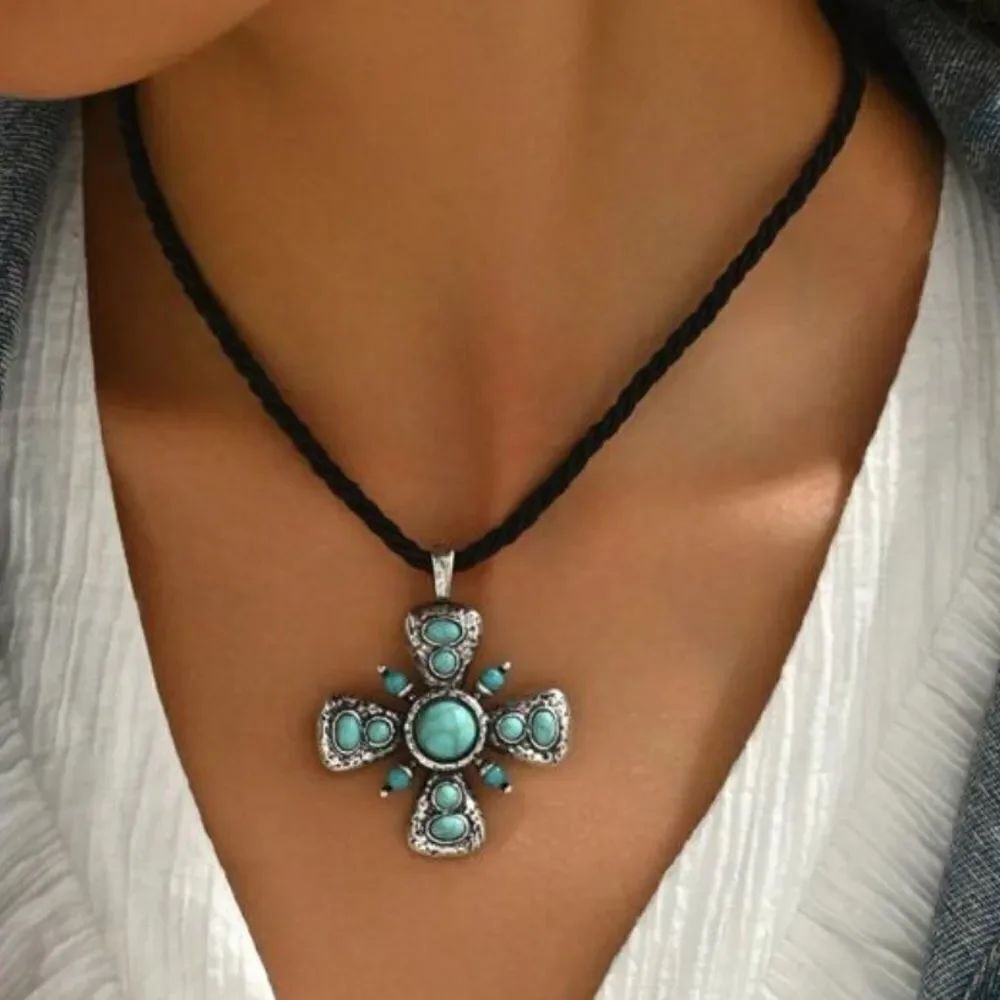 Turquoise Cross Pendant Necklace #1770